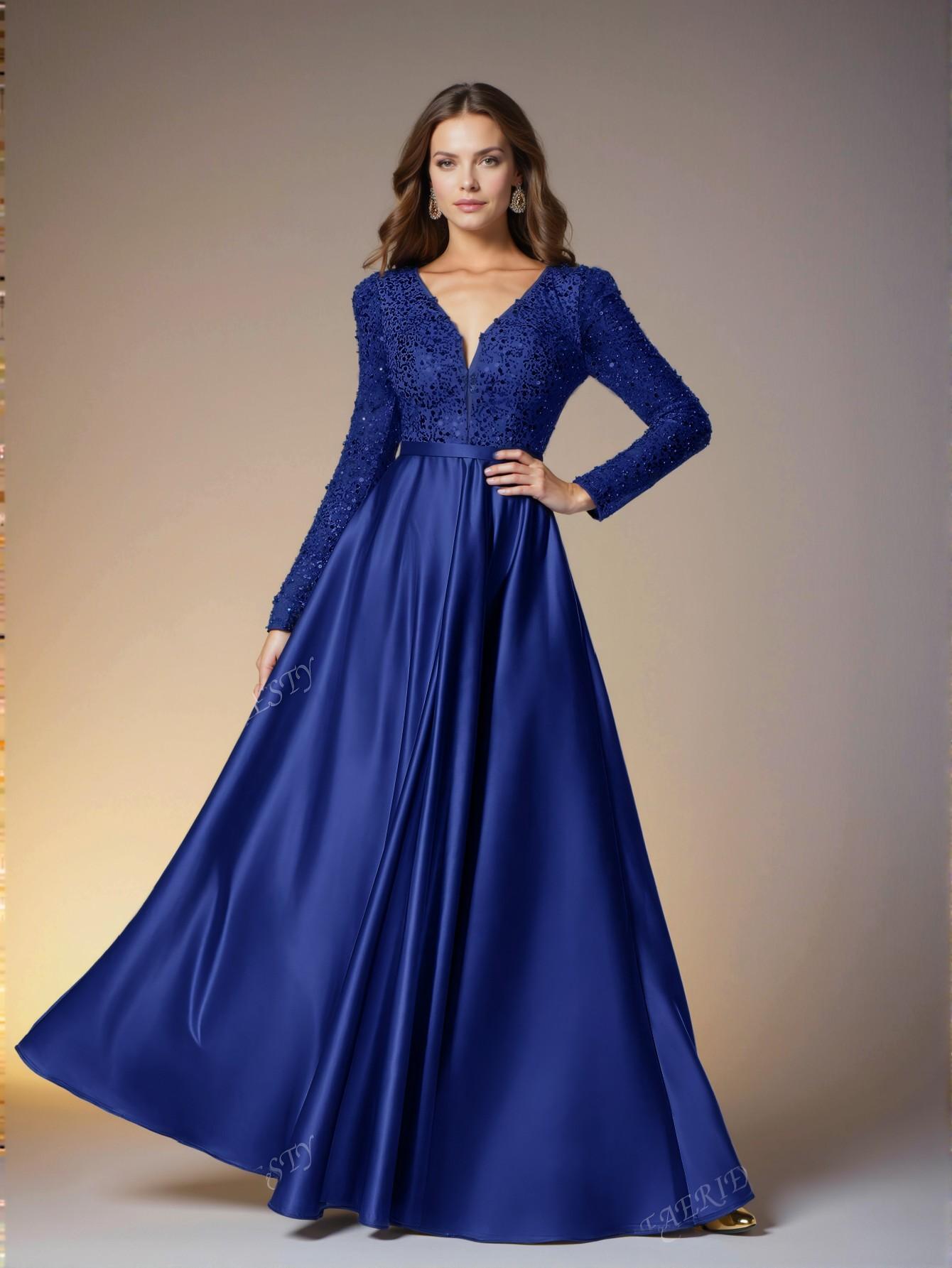 Elegant Royal Blue Glamorous Plunging Neck Sequin Bodice with Contrast Satin Hem Dress Perfect for party, prom, graduation day, and ceremony for university, college, and high school, Formal Evening Dinner Cocktail, Wedding Guest Gown, Chic, Classy and Trendy Fashion Style to Dress to Impress.