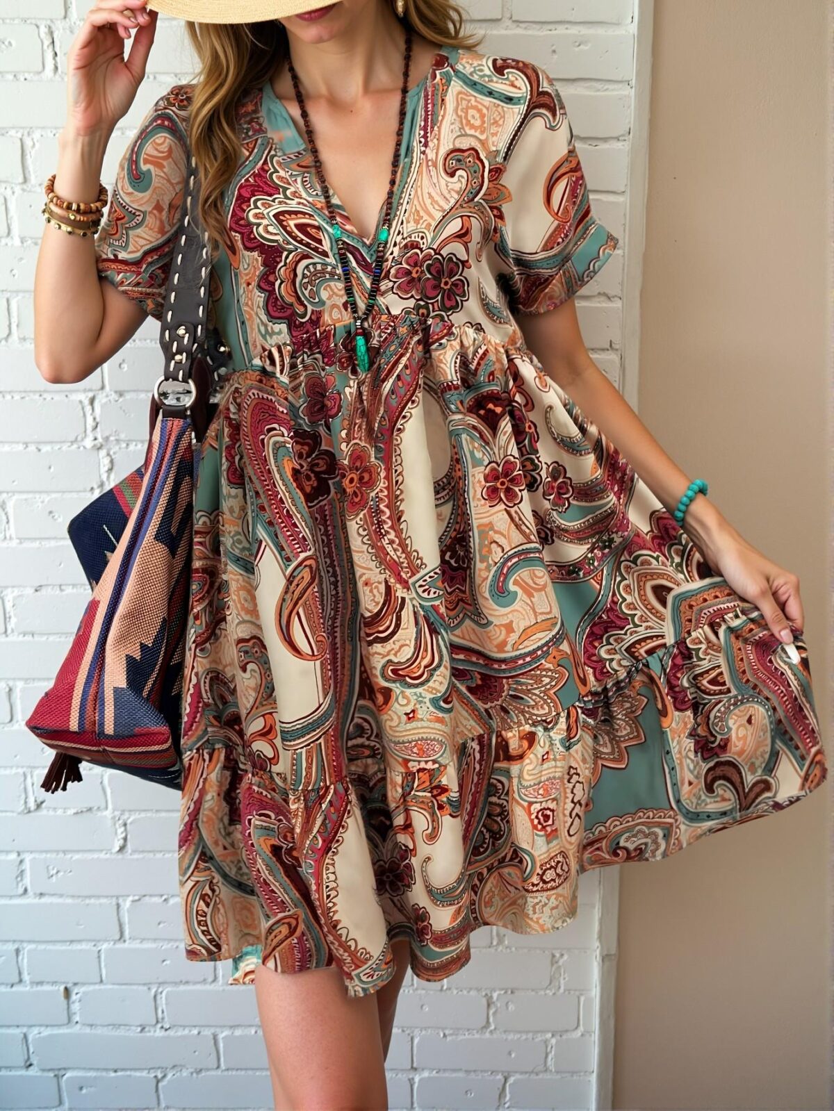 Elegant Multicolor Boho V-Neck Allover Print Smock Dress with Ruffle Hem for Spring and Summer - Chic, Classy and Trendy Fashion Style to Dress to Impress - Image 5