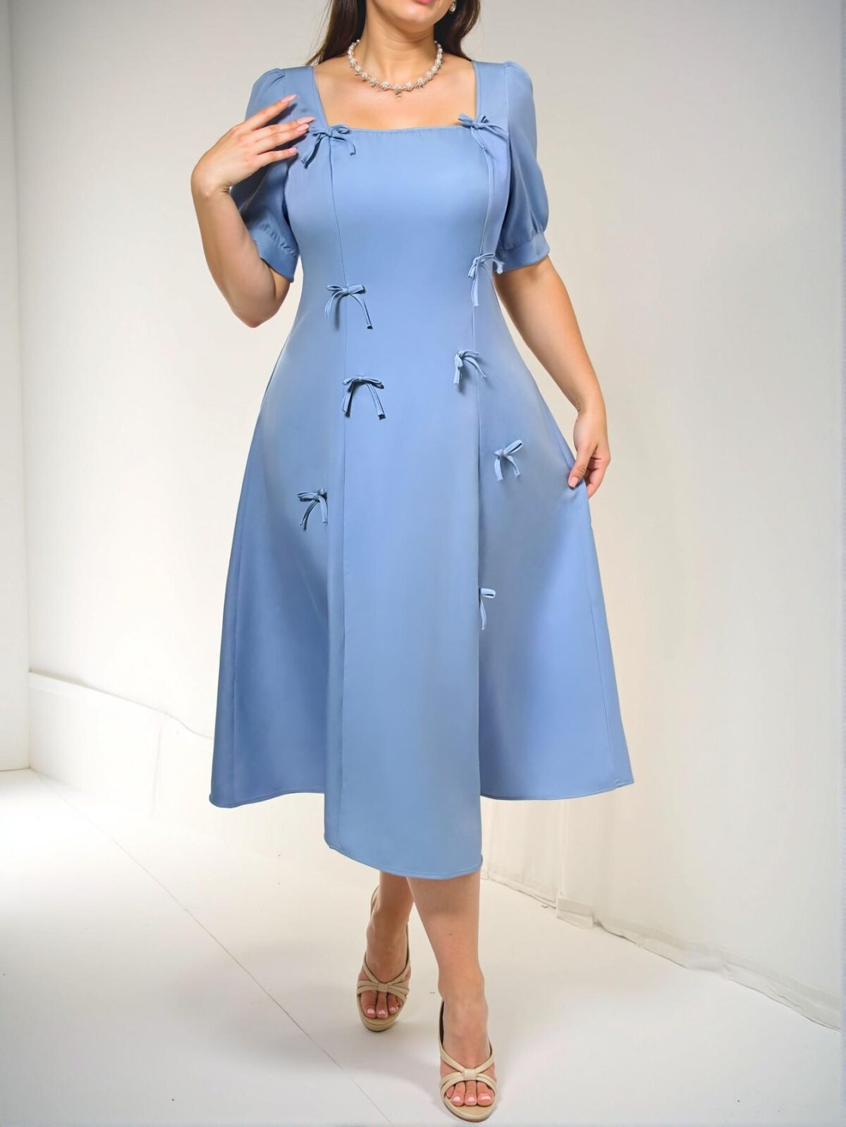 Elegant Blue Puff Sleeve A-Line Dress with Double Bow Details for Romantic Casual Days, Perfect for Dates and Summer Gatherings - Chic, Classy, and Trendy Fashion Style to Dress to Impress - Image 2