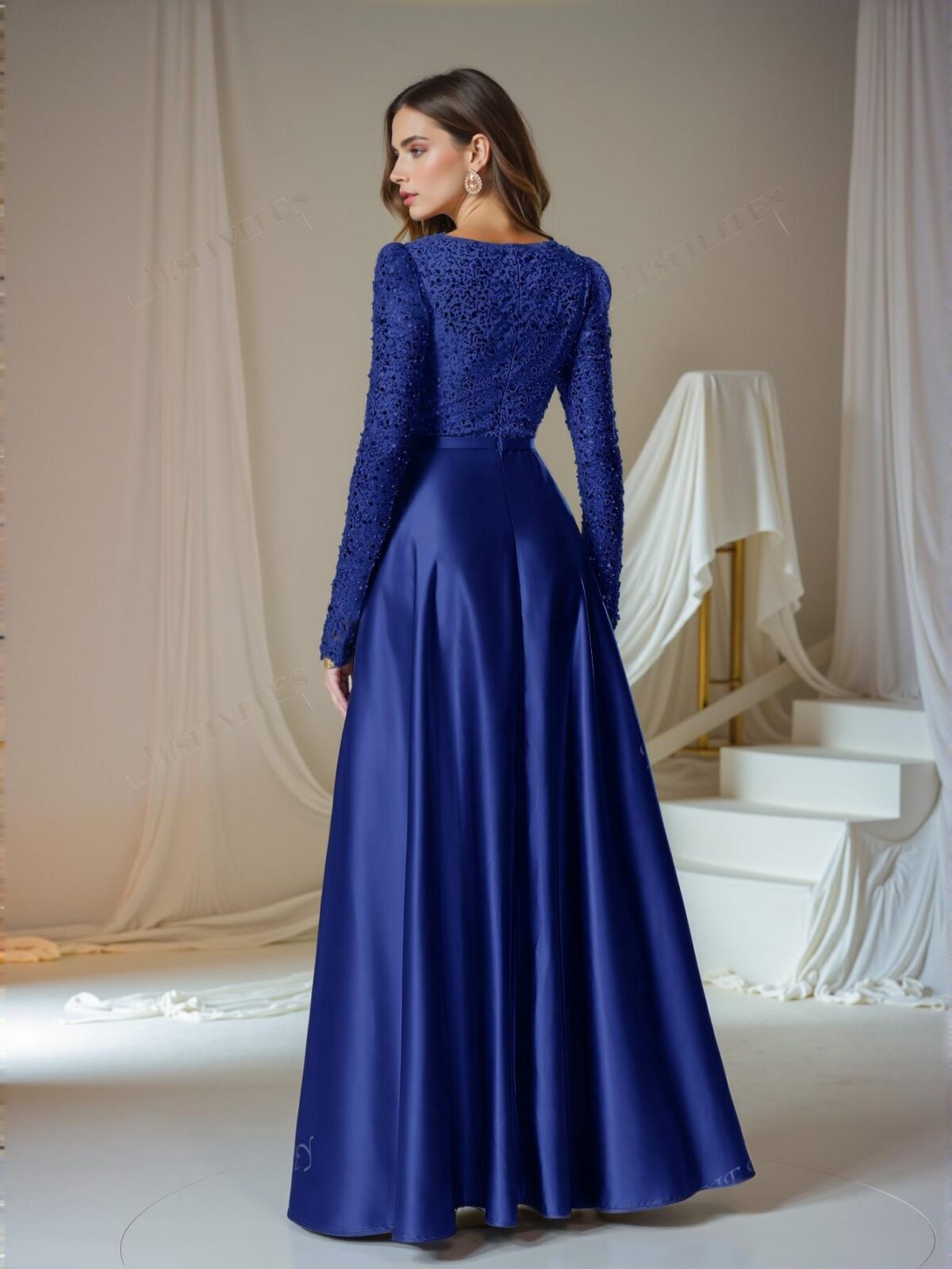 Elegant Royal Blue Glamorous Plunging Neck Sequin Bodice with Contrast Satin Hem Dress Perfect for party, prom, graduation day, and ceremony for university, college, and high school, Formal Evening Dinner Cocktail, Wedding Guest Gown, Chic, Classy and Trendy Fashion Style to Dress to Impress. - Image 2
