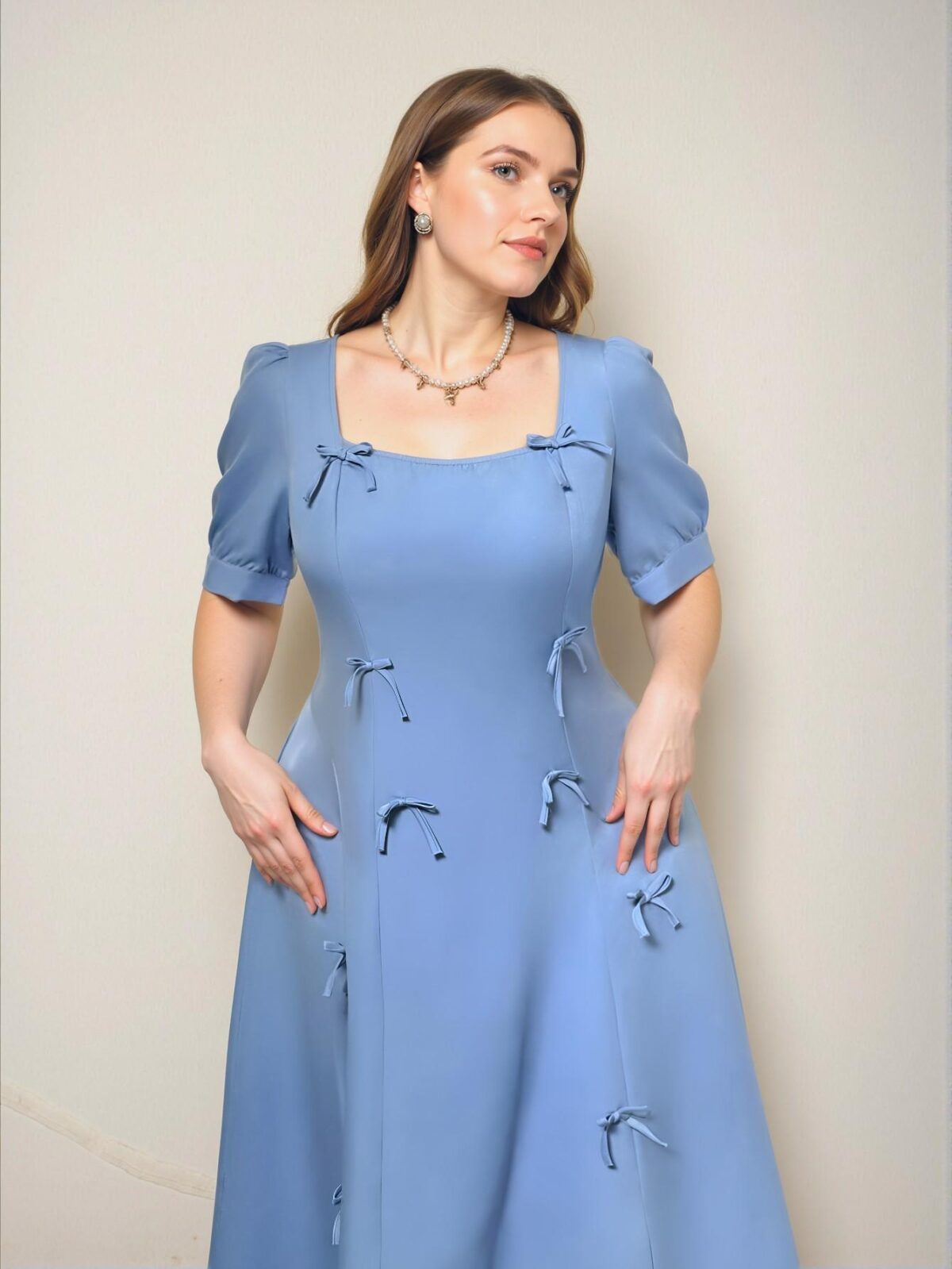 Elegant Blue Puff Sleeve A-Line Dress with Double Bow Details for Romantic Casual Days, Perfect for Dates and Summer Gatherings - Chic, Classy, and Trendy Fashion Style to Dress to Impress - Image 3