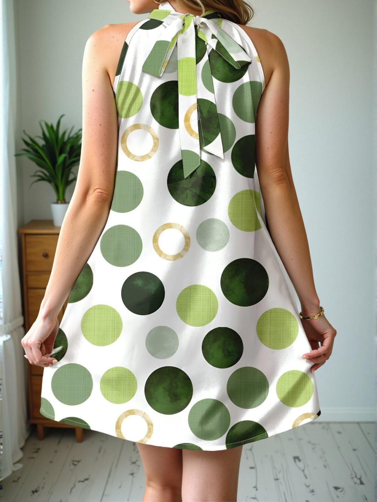 Elegant Green Playful Polka Dot Print Sleeveless Halter Neck Dress Perfect for Spring and Summer Chic, Classy and Trendy Fashion Style to Dress to Impress - Image 2