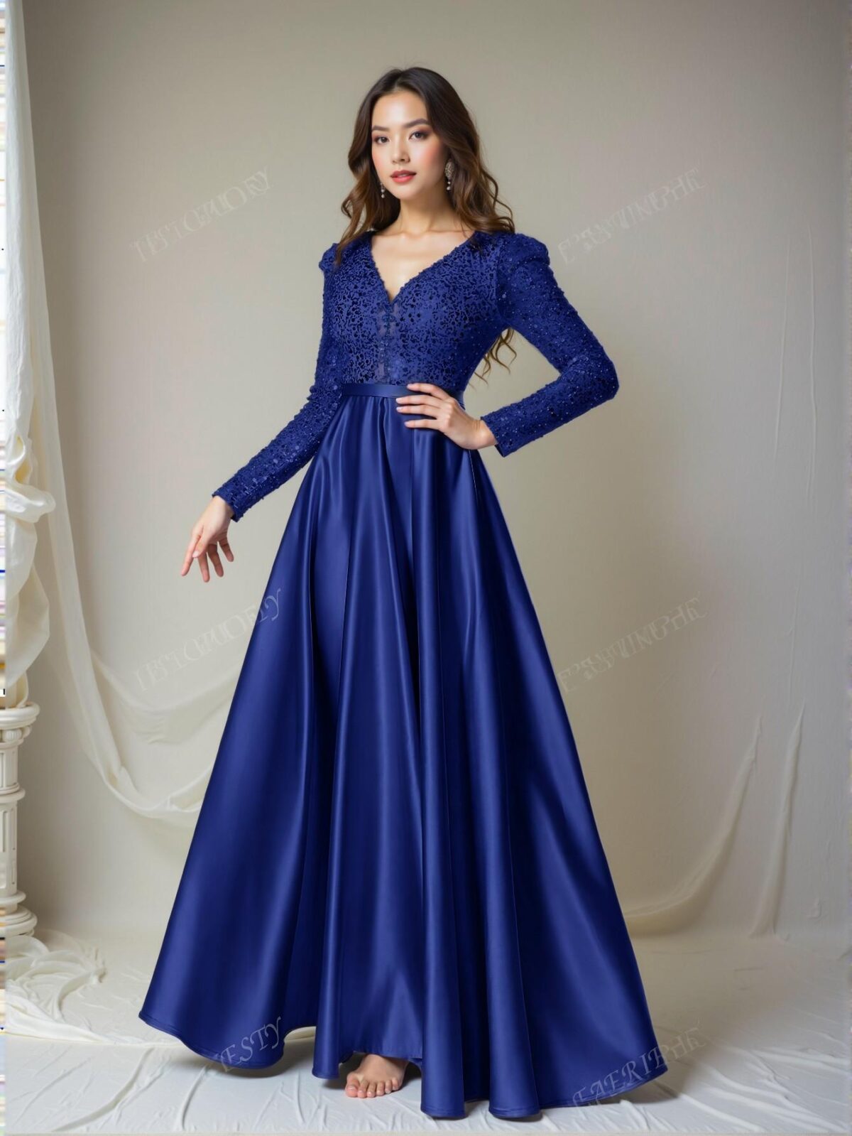 Elegant Royal Blue Glamorous Plunging Neck Sequin Bodice with Contrast Satin Hem Dress Perfect for party, prom, graduation day, and ceremony for university, college, and high school, Formal Evening Dinner Cocktail, Wedding Guest Gown, Chic, Classy and Trendy Fashion Style to Dress to Impress. - Image 3