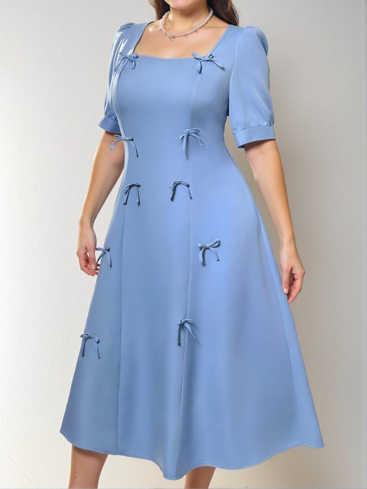 Elegant Blue Puff Sleeve A-Line Dress with Double Bow Details for Romantic Casual Days, Perfect for Dates and Summer Gatherings - Chic, Classy, and Trendy Fashion Style to Dress to Impress - Image 4