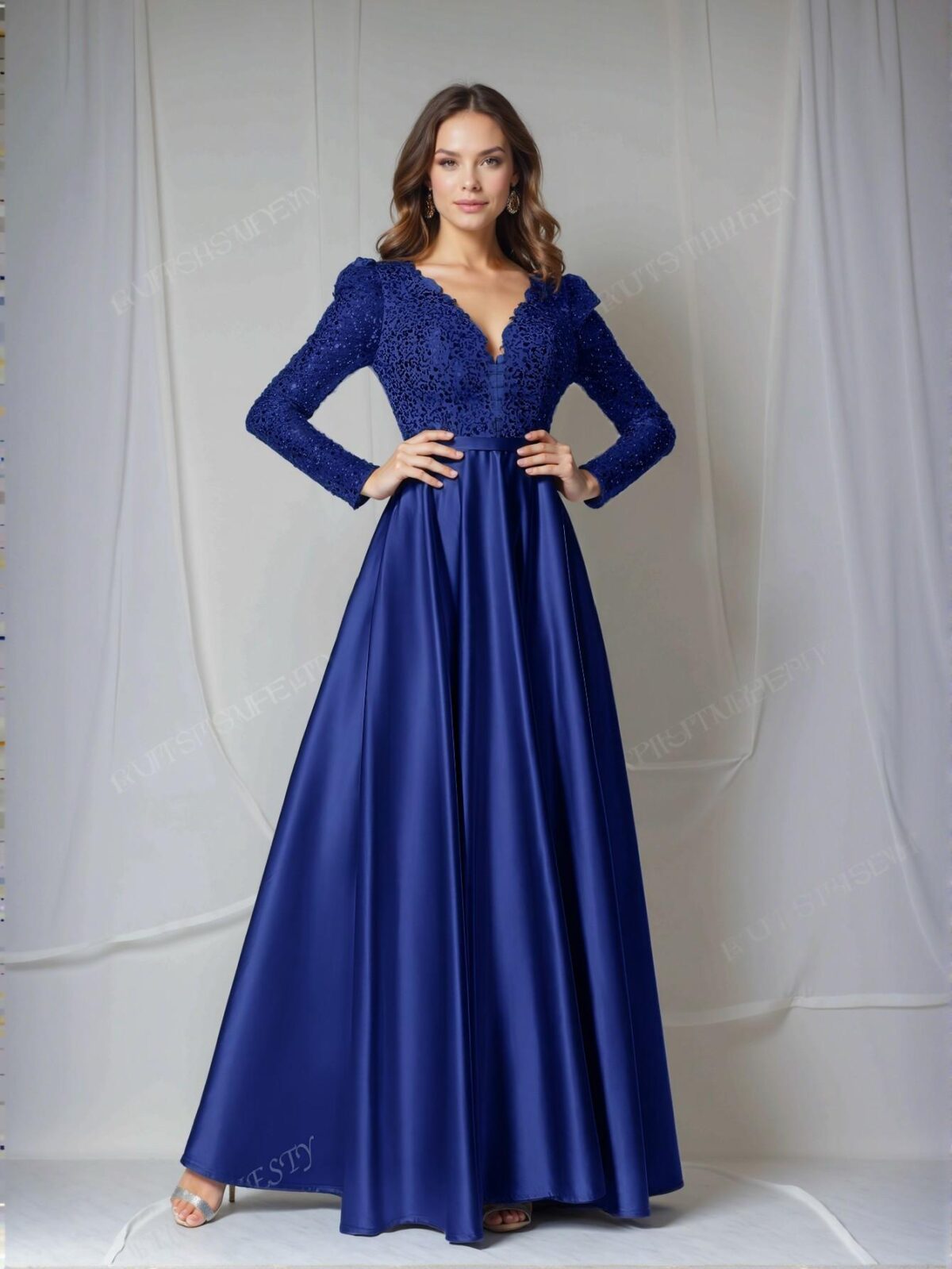 Elegant Royal Blue Glamorous Plunging Neck Sequin Bodice with Contrast Satin Hem Dress Perfect for party, prom, graduation day, and ceremony for university, college, and high school, Formal Evening Dinner Cocktail, Wedding Guest Gown, Chic, Classy and Trendy Fashion Style to Dress to Impress. - Image 4