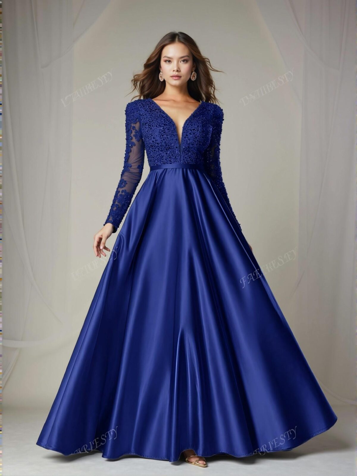 Elegant Royal Blue Glamorous Plunging Neck Sequin Bodice with Contrast Satin Hem Dress Perfect for party, prom, graduation day, and ceremony for university, college, and high school, Formal Evening Dinner Cocktail, Wedding Guest Gown, Chic, Classy and Trendy Fashion Style to Dress to Impress. - Image 5