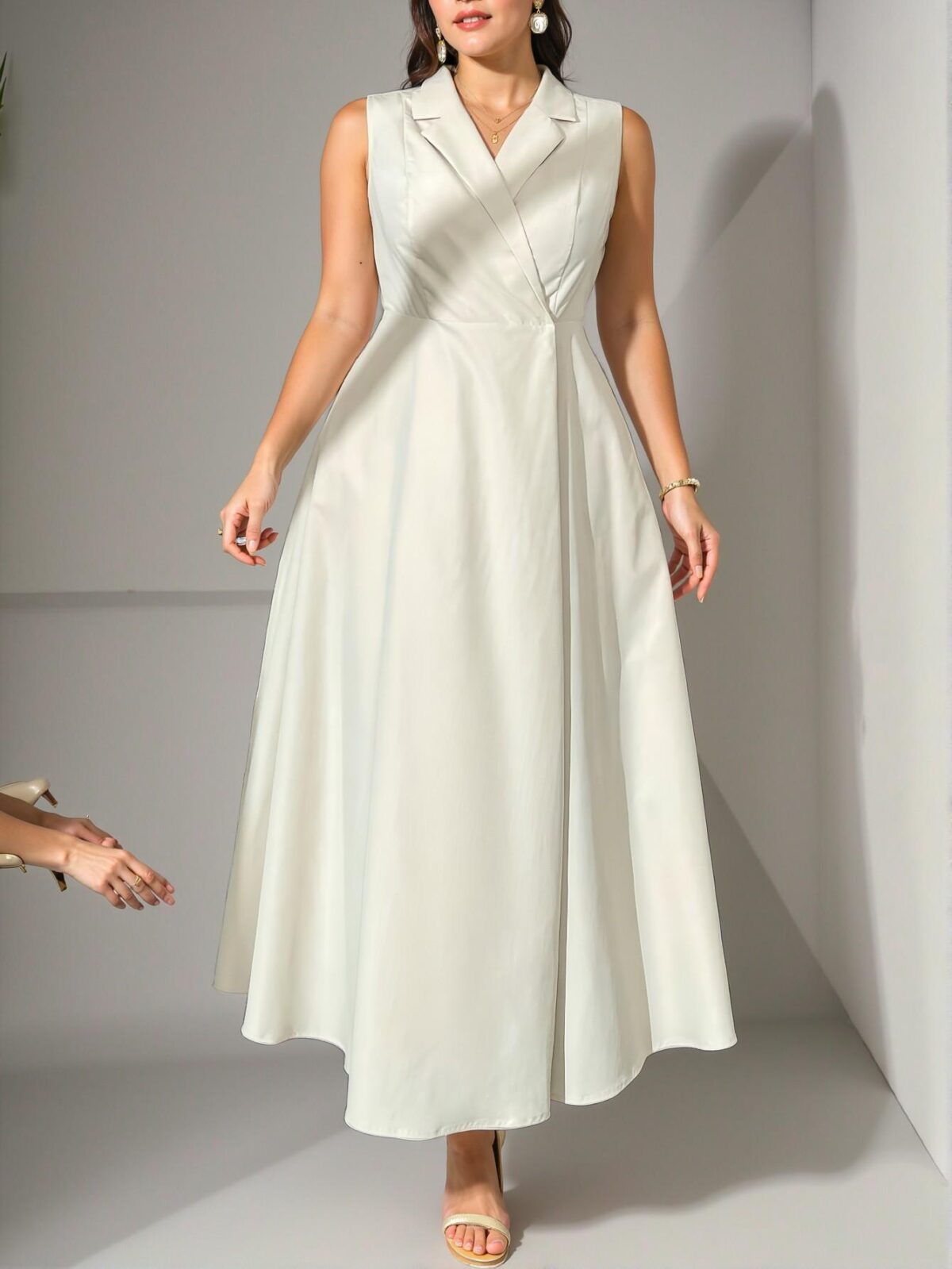 Elegant Beige Flared A-Line Dress, Stylish Casual or Professional Attire with Sleeveless Design, Perfect for Vacation, Daily, and Business Events in Spring/Summer "Chic, Classy and Trendy Fashion Style to Dress to Impress" - Image 2