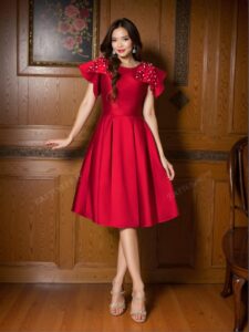 Elegant Red Fit and Flare Satin Dress with Bow Shoulder and Pearl Accents – Ideal for Formal Dinners, Bridal Guest Looks, and Art Gallery Events. Perfect for party, prom, graduation day, and ceremony for university, college, and high school, Formal Evening Dinner Cocktail, Wedding Guest Gown, Chic, Classy and Trendy Fashion Style to Dress to Impress.