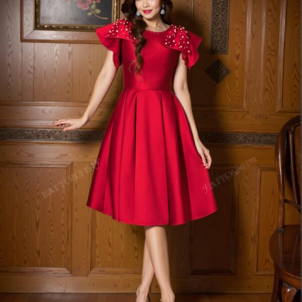 Elegant Red Fit and Flare Satin Dress with Bow Shoulder and Pearl Accents – Ideal for Formal Dinners, Bridal Guest Looks, and Art Gallery Events. Perfect for party, prom, graduation day, and ceremony for university, college, and high school, Formal Evening Dinner Cocktail, Wedding Guest Gown, Chic, Classy and Trendy Fashion Style to Dress to Impress.
