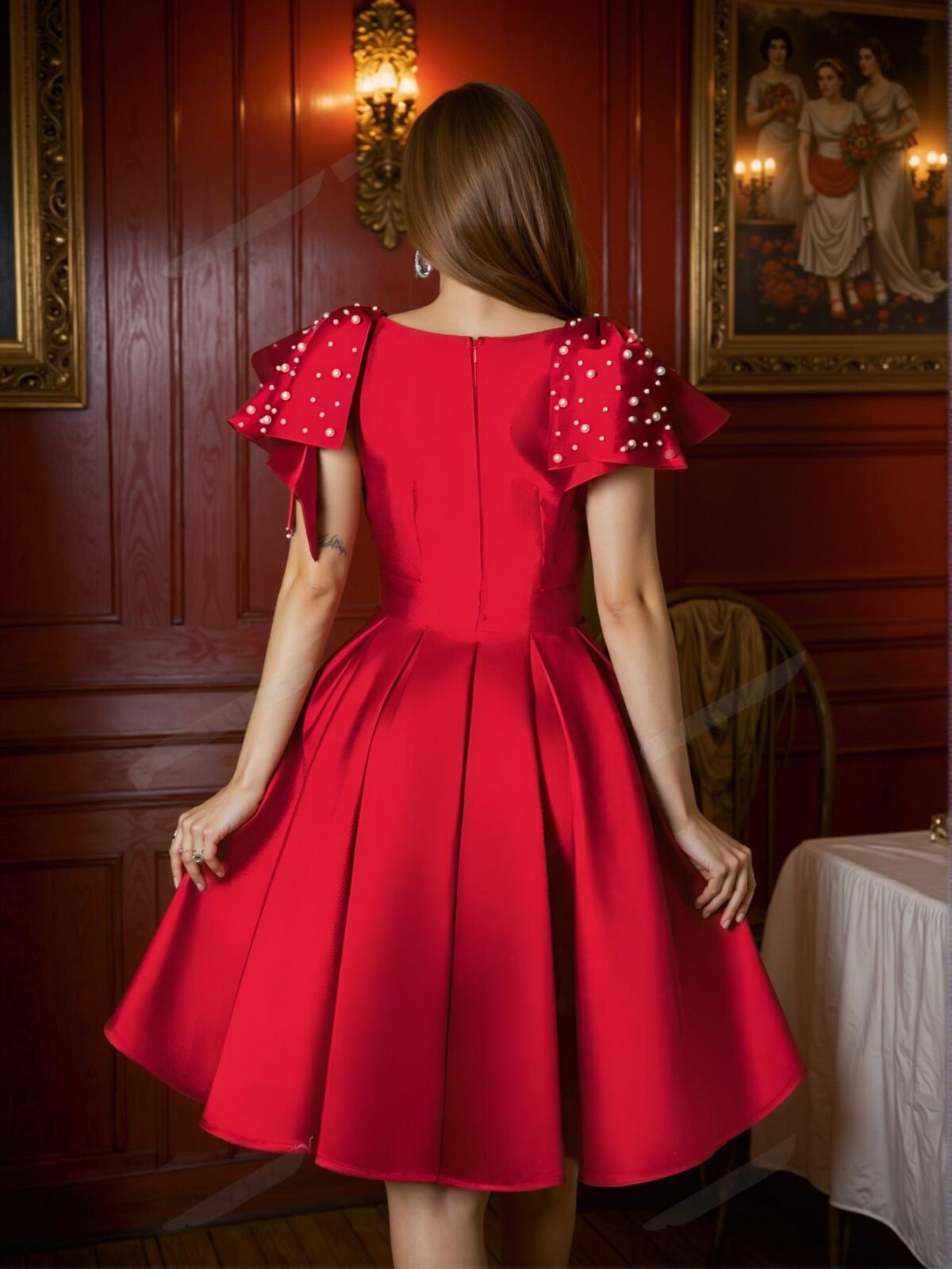 Elegant Red Fit and Flare Satin Dress with Bow Shoulder and Pearl Accents – Ideal for Formal Dinners, Bridal Guest Looks, and Art Gallery Events. Perfect for party, prom, graduation day, and ceremony for university, college, and high school, Formal Evening Dinner Cocktail, Wedding Guest Gown, Chic, Classy and Trendy Fashion Style to Dress to Impress. - Image 2