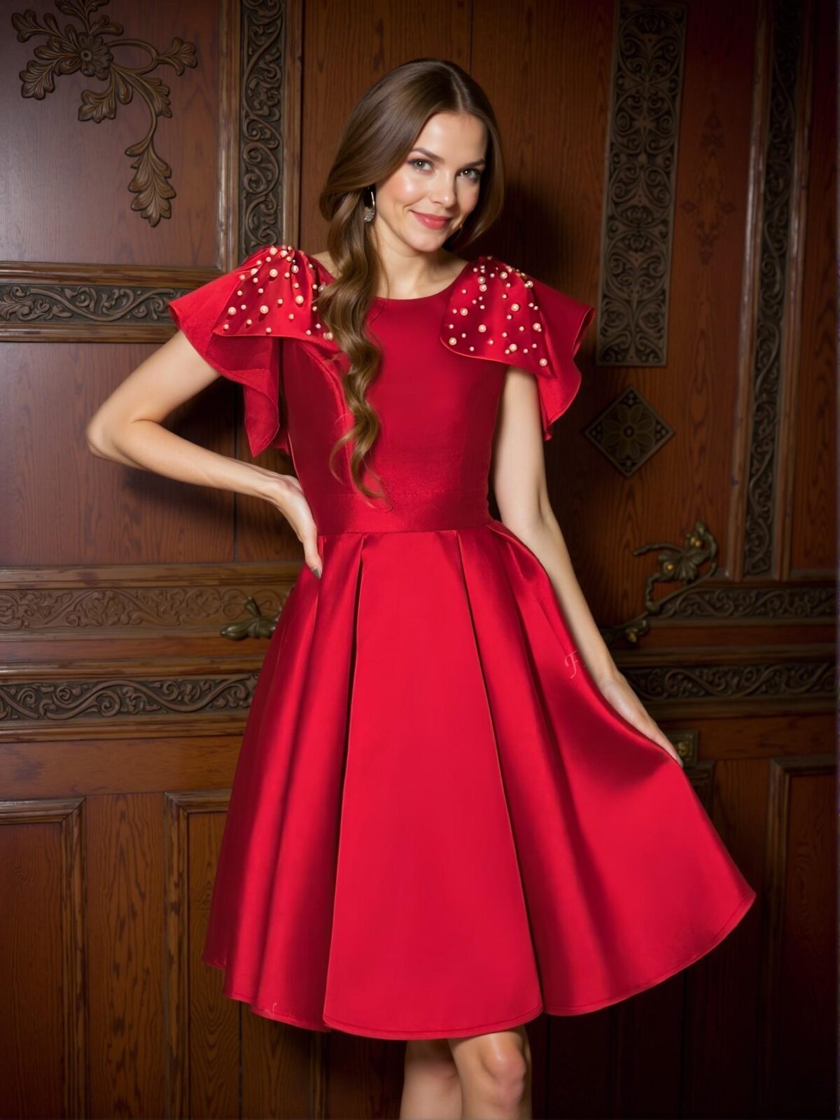 Elegant Red Fit and Flare Satin Dress with Bow Shoulder and Pearl Accents – Ideal for Formal Dinners, Bridal Guest Looks, and Art Gallery Events. Perfect for party, prom, graduation day, and ceremony for university, college, and high school, Formal Evening Dinner Cocktail, Wedding Guest Gown, Chic, Classy and Trendy Fashion Style to Dress to Impress. - Image 3