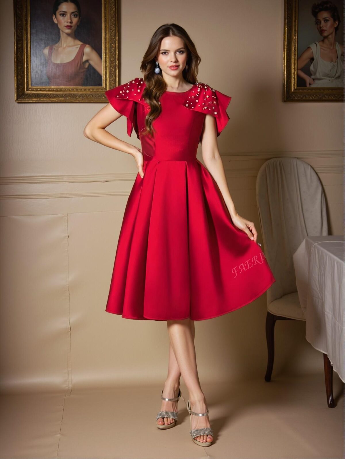 Elegant Red Fit and Flare Satin Dress with Bow Shoulder and Pearl Accents – Ideal for Formal Dinners, Bridal Guest Looks, and Art Gallery Events. Perfect for party, prom, graduation day, and ceremony for university, college, and high school, Formal Evening Dinner Cocktail, Wedding Guest Gown, Chic, Classy and Trendy Fashion Style to Dress to Impress. - Image 4