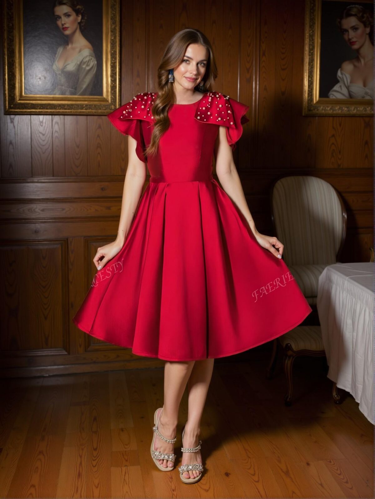 Elegant Red Fit and Flare Satin Dress with Bow Shoulder and Pearl Accents – Ideal for Formal Dinners, Bridal Guest Looks, and Art Gallery Events. Perfect for party, prom, graduation day, and ceremony for university, college, and high school, Formal Evening Dinner Cocktail, Wedding Guest Gown, Chic, Classy and Trendy Fashion Style to Dress to Impress. - Image 5