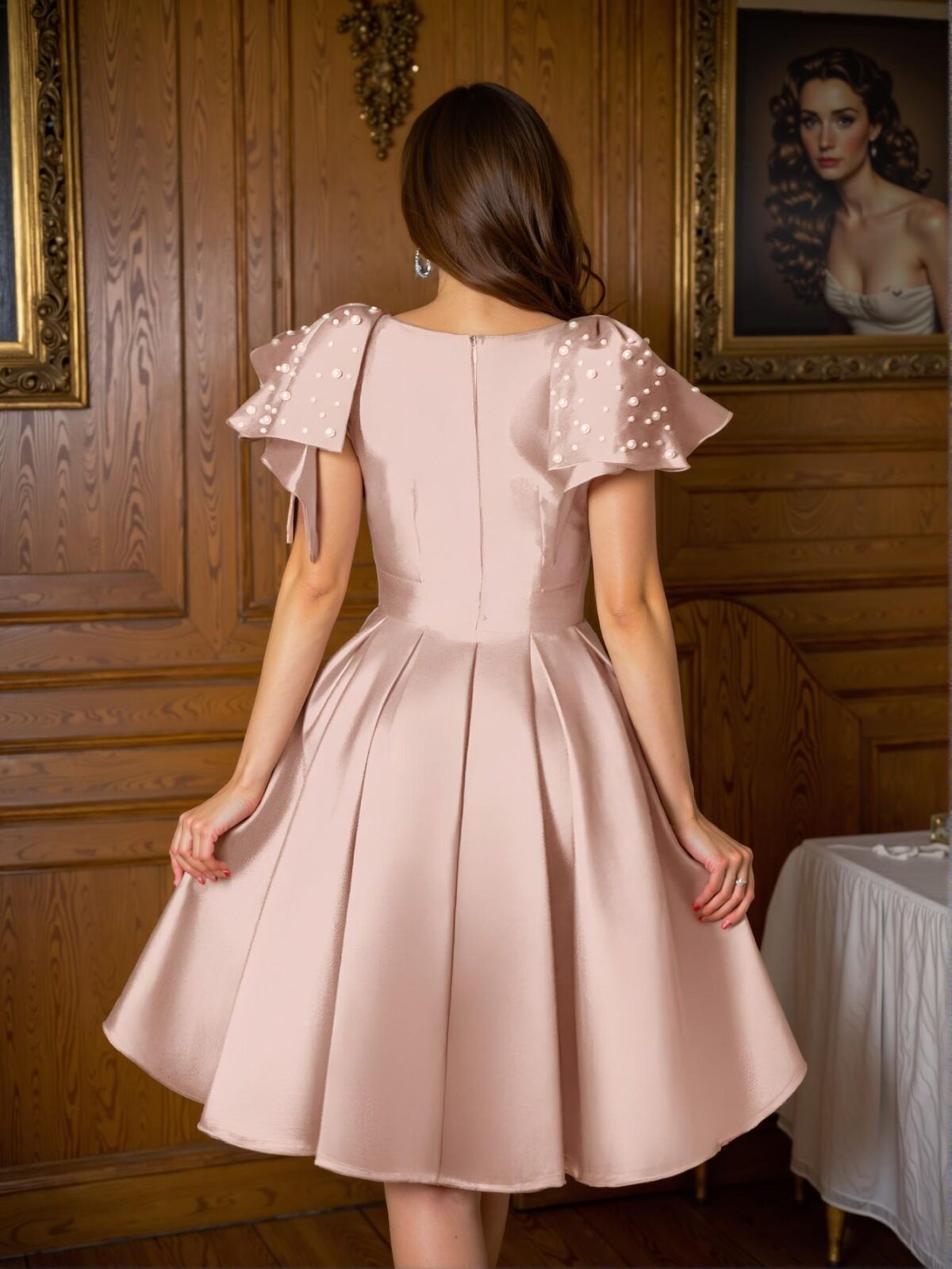 Elegant Champagne Satin Dress with Bow Shoulders and Pearl Accents – Ideal for Formal Dinners, Bridal Guest Attire, and Art Gallery Events. Perfect for party, prom, graduation day, and ceremony for university, college, and high school, Formal Evening Dinner Cocktail, Wedding Guest Gown, Chic, Classy and Trendy Fashion Style to Dress to Impress. - Image 2