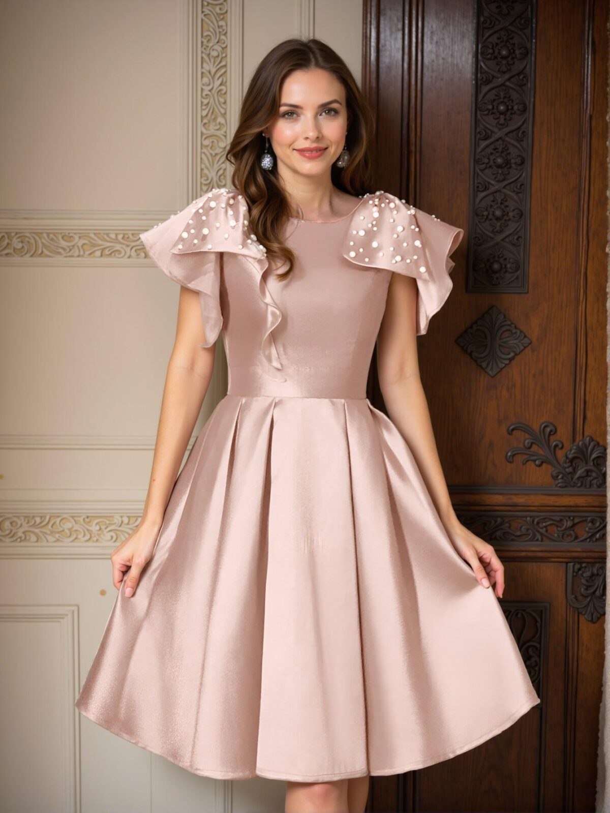 Elegant Champagne Satin Dress with Bow Shoulders and Pearl Accents – Ideal for Formal Dinners, Bridal Guest Attire, and Art Gallery Events. Perfect for party, prom, graduation day, and ceremony for university, college, and high school, Formal Evening Dinner Cocktail, Wedding Guest Gown, Chic, Classy and Trendy Fashion Style to Dress to Impress. - Image 3
