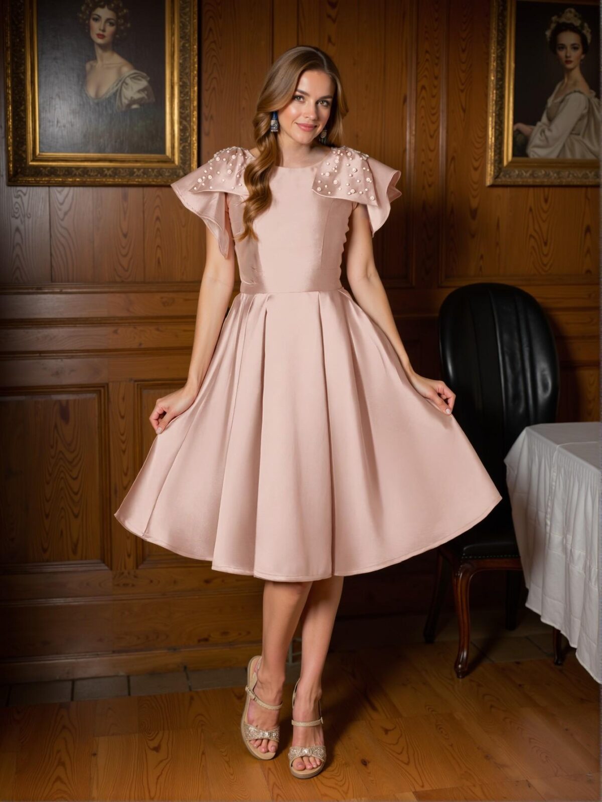 Elegant Champagne Satin Dress with Bow Shoulders and Pearl Accents – Ideal for Formal Dinners, Bridal Guest Attire, and Art Gallery Events. Perfect for party, prom, graduation day, and ceremony for university, college, and high school, Formal Evening Dinner Cocktail, Wedding Guest Gown, Chic, Classy and Trendy Fashion Style to Dress to Impress. - Image 4