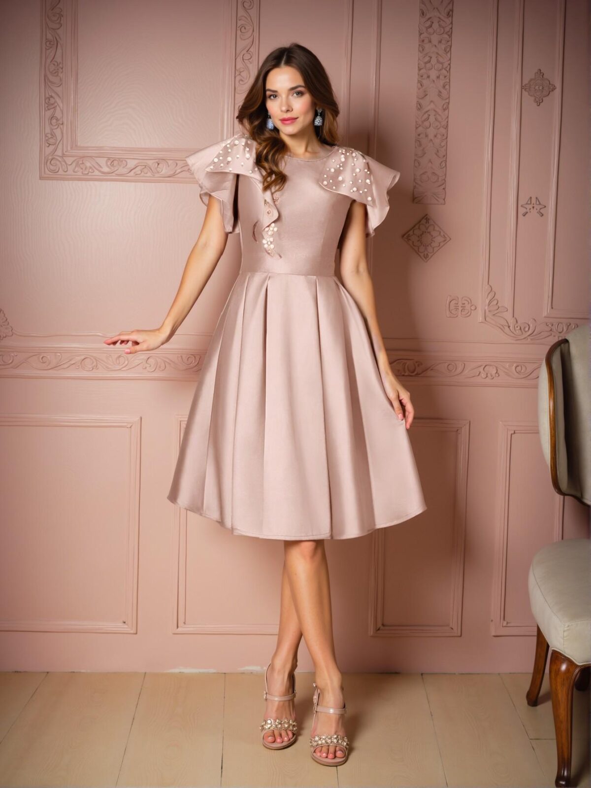 Elegant Champagne Satin Dress with Bow Shoulders and Pearl Accents – Ideal for Formal Dinners, Bridal Guest Attire, and Art Gallery Events. Perfect for party, prom, graduation day, and ceremony for university, college, and high school, Formal Evening Dinner Cocktail, Wedding Guest Gown, Chic, Classy and Trendy Fashion Style to Dress to Impress. - Image 5
