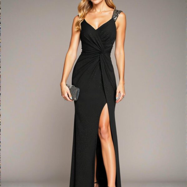 Elegant Black Sleeveless V-Neck High Split Evening Dress for Summer Perfect for party, prom, graduation day, and ceremony for university, college, and high school, Formal Evening Dinner Cocktail, Wedding Guest Gown, Chic, Classy and Trendy Fashion Style to Dress to Impress.