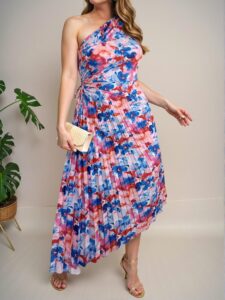 Elegant Multicolor Bohemian One-Shoulder Pleated Hollow Out Drawstring Midi Vacation Dress for Summer Getaways - Chic, Classy and Trendy Fashion Style to Dress to Impress