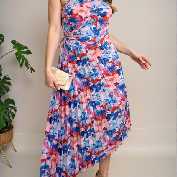 Elegant Multicolor Bohemian One-Shoulder Pleated Hollow Out Drawstring Midi Vacation Dress for Summer Getaways - Chic, Classy and Trendy Fashion Style to Dress to Impress