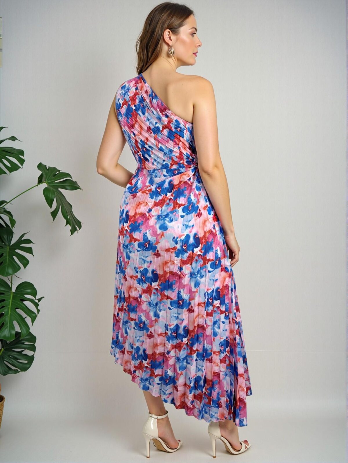 Elegant Multicolor Bohemian One-Shoulder Pleated Hollow Out Drawstring Midi Vacation Dress for Summer Getaways - Chic, Classy and Trendy Fashion Style to Dress to Impress - Image 2