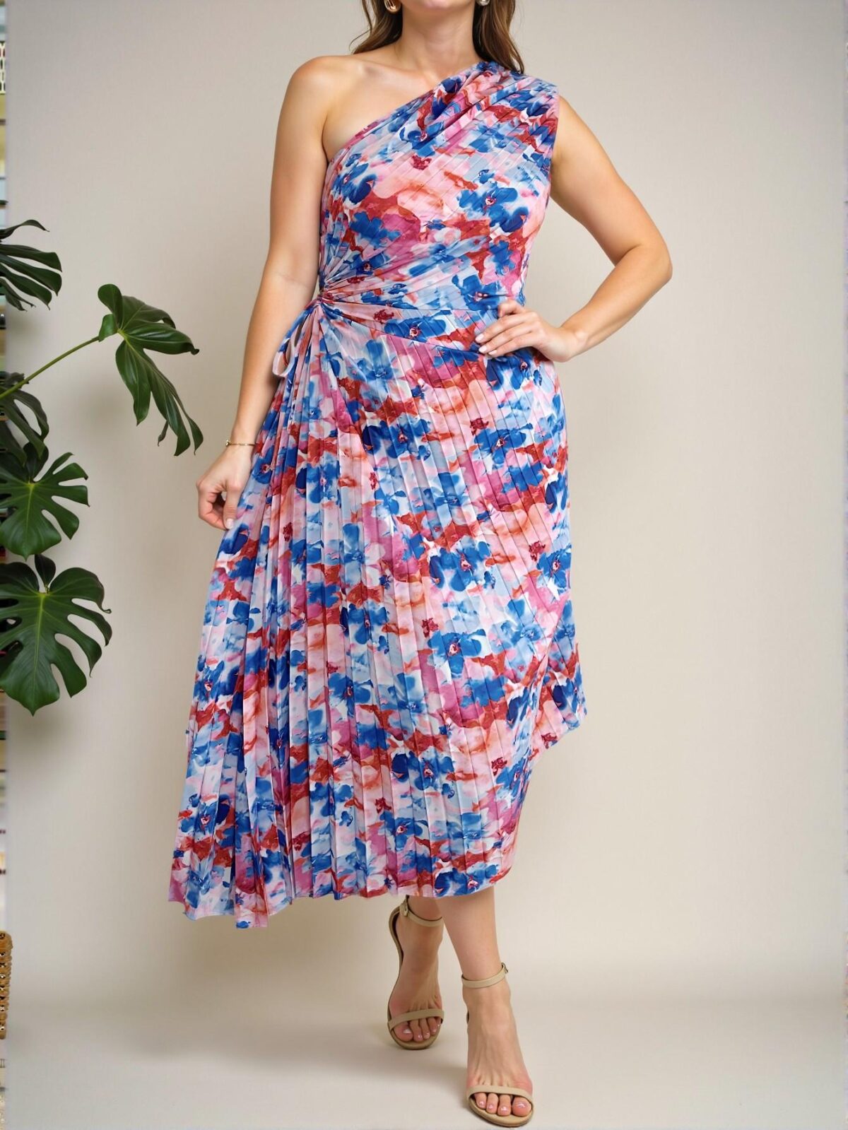 Elegant Multicolor Bohemian One-Shoulder Pleated Hollow Out Drawstring Midi Vacation Dress for Summer Getaways - Chic, Classy and Trendy Fashion Style to Dress to Impress - Image 3