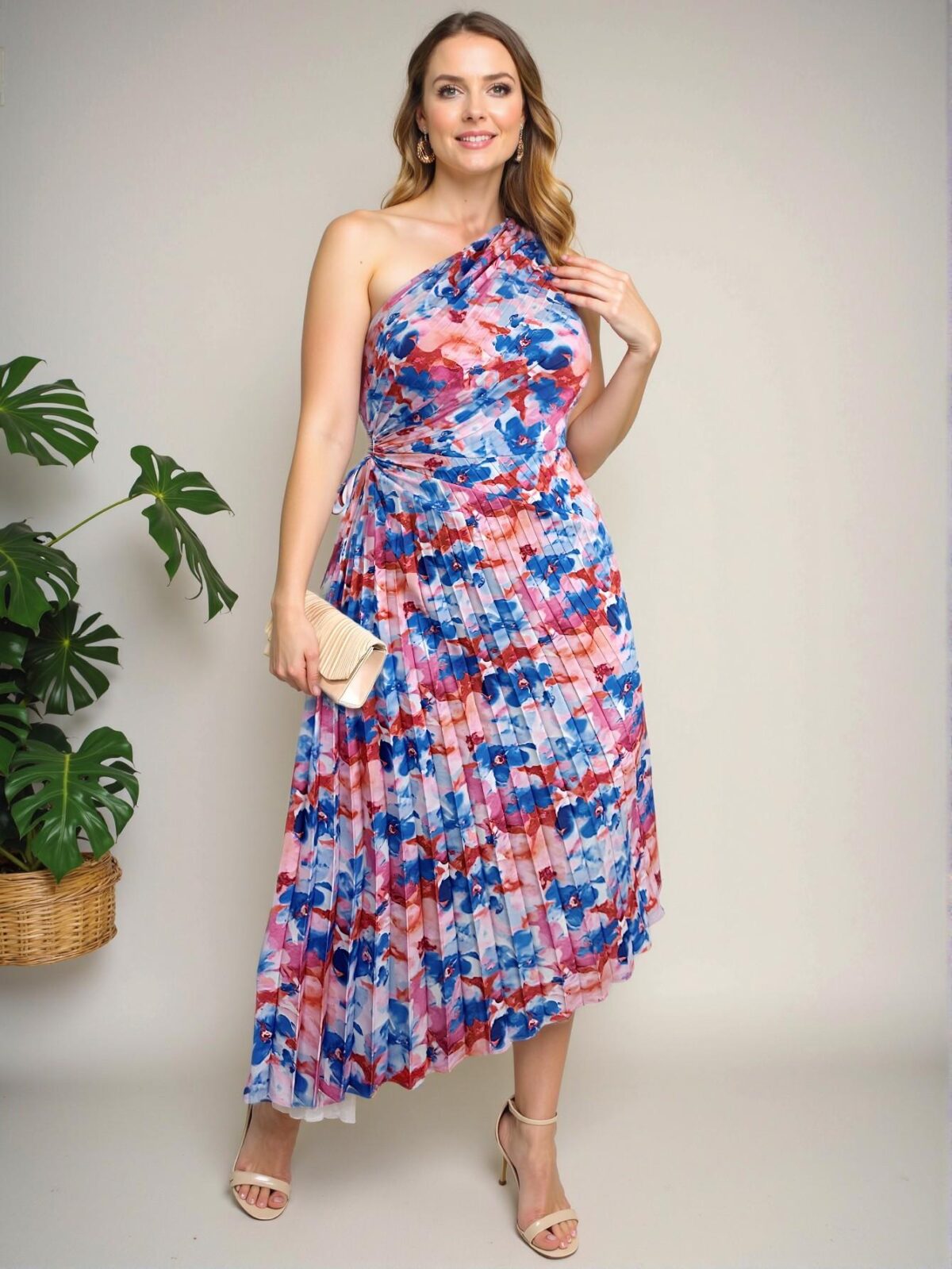 Elegant Multicolor Bohemian One-Shoulder Pleated Hollow Out Drawstring Midi Vacation Dress for Summer Getaways - Chic, Classy and Trendy Fashion Style to Dress to Impress - Image 4