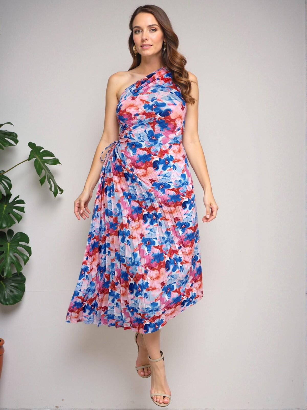 Elegant Multicolor Bohemian One-Shoulder Pleated Hollow Out Drawstring Midi Vacation Dress for Summer Getaways - Chic, Classy and Trendy Fashion Style to Dress to Impress - Image 5