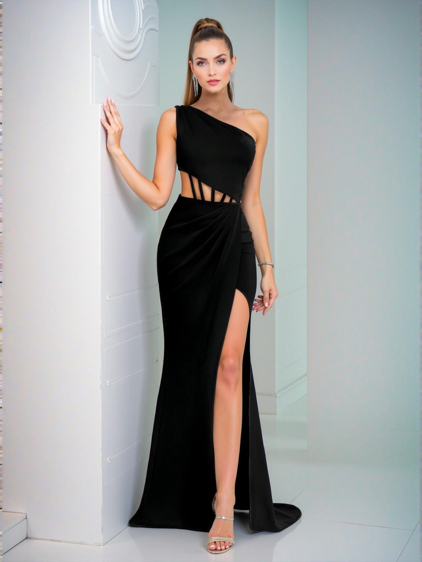 Elegant Black One-Shoulder Hollow Out Slit Evening Gown, Perfect for party, prom, graduation day, and ceremony for university, college, and high school, Formal Evening Dinner Cocktail, Wedding Guest Gown, Chic, Classy and Trendy Fashion Style to Dress to Impress.