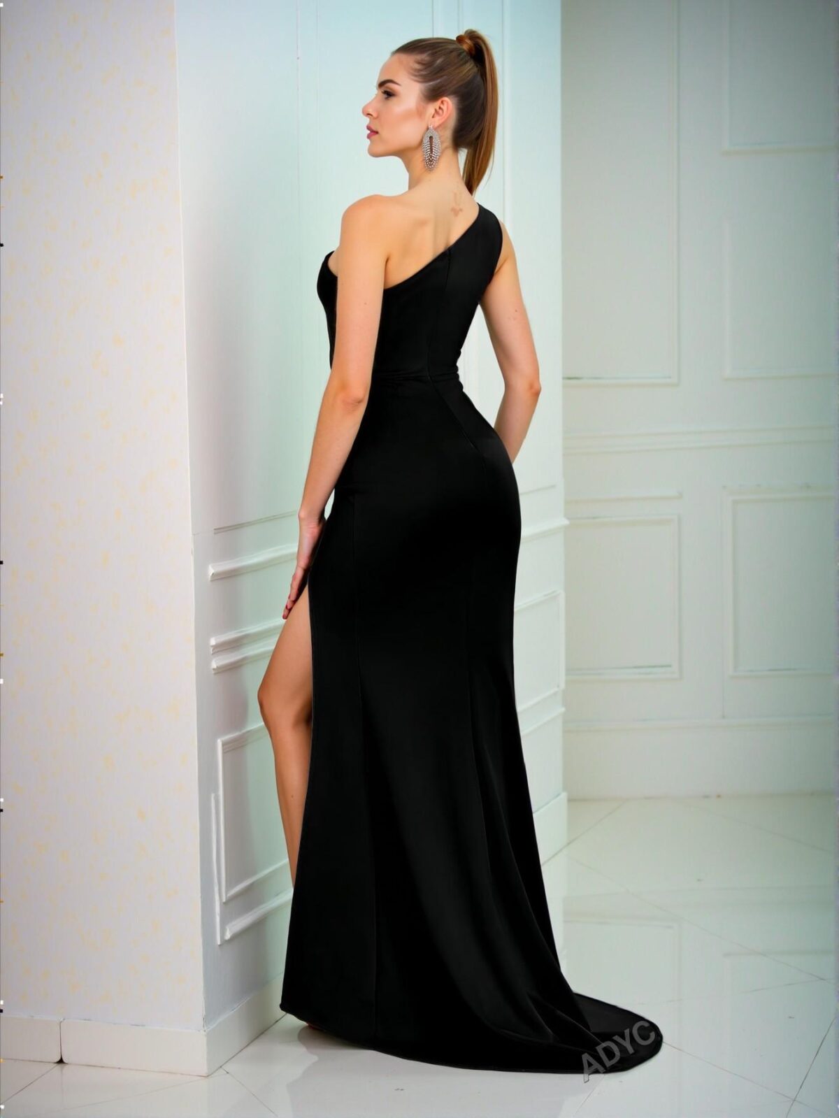 Elegant Black One-Shoulder Hollow Out Slit Evening Gown, Perfect for party, prom, graduation day, and ceremony for university, college, and high school, Formal Evening Dinner Cocktail, Wedding Guest Gown, Chic, Classy and Trendy Fashion Style to Dress to Impress. - Image 2