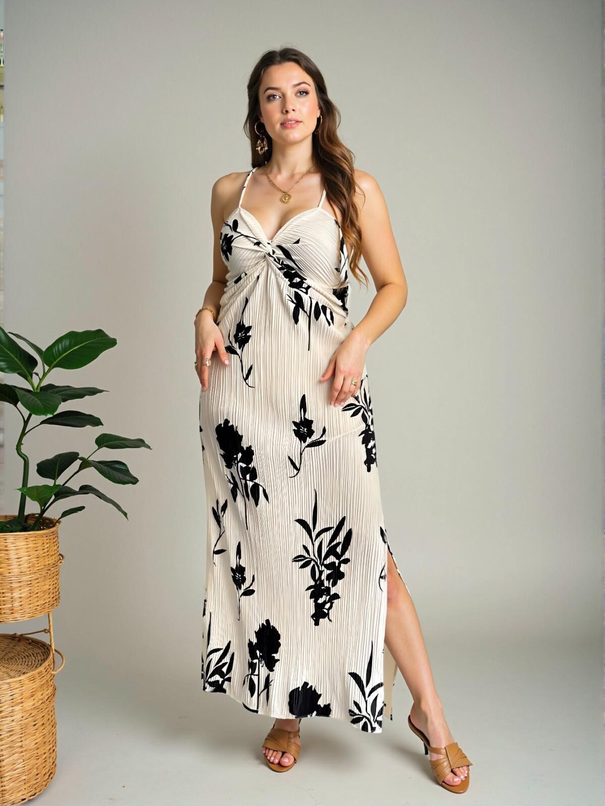 Elegant Apricot Boho-Inspired Floral Print Ruched & Twisted Front Split Hem Sleeveless Beach Dress for Spring/Summer Getaway "Chic, Classy and Trendy Fashion Style to Dress to Impress" - Image 3