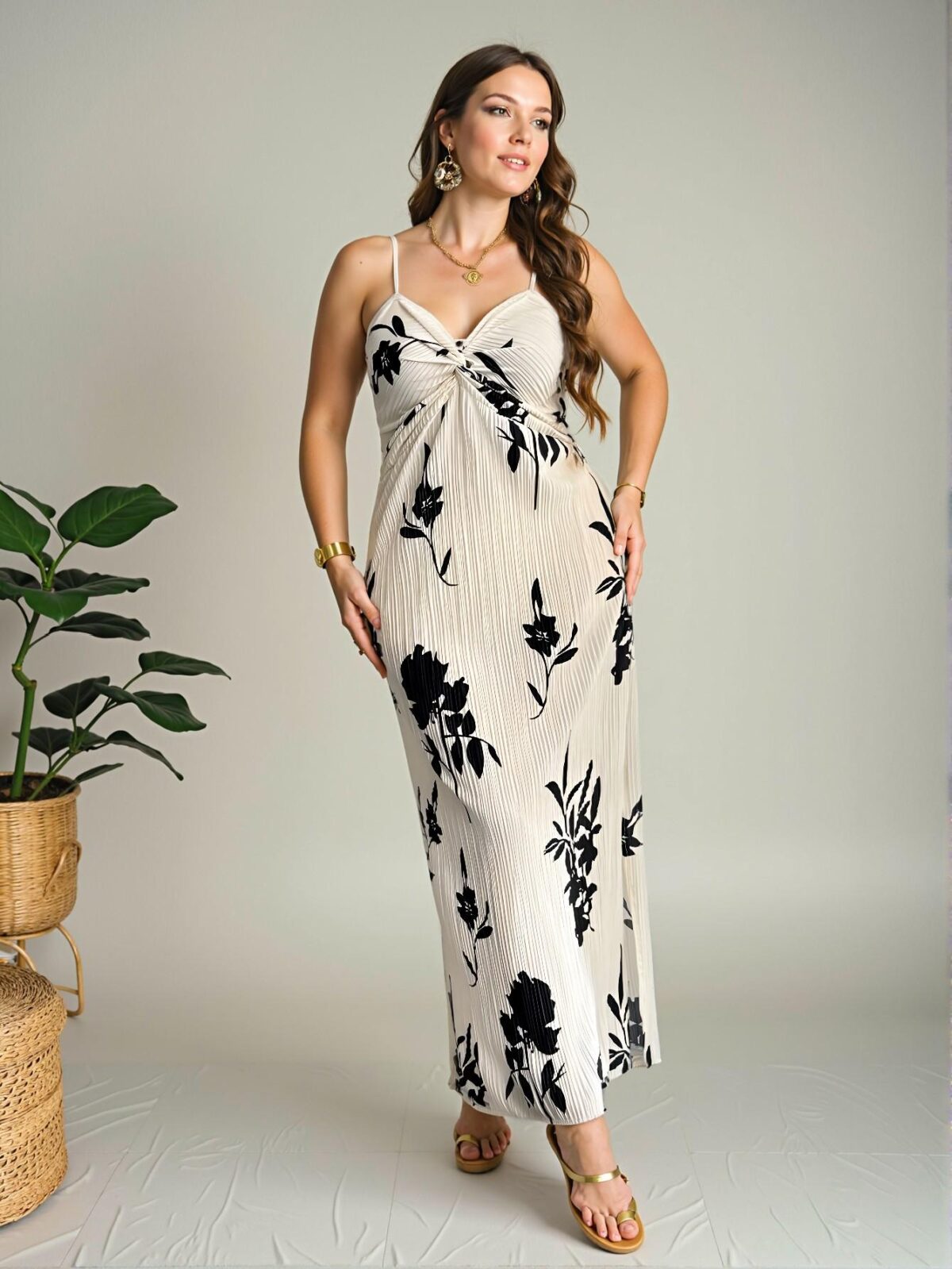 Elegant Apricot Boho-Inspired Floral Print Ruched & Twisted Front Split Hem Sleeveless Beach Dress for Spring/Summer Getaway "Chic, Classy and Trendy Fashion Style to Dress to Impress" - Image 4