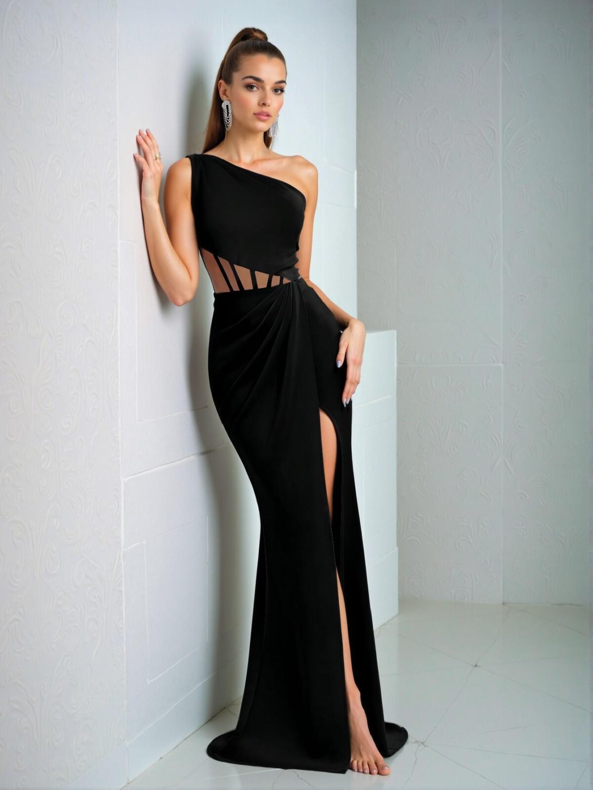 Elegant Black One-Shoulder Hollow Out Slit Evening Gown, Perfect for party, prom, graduation day, and ceremony for university, college, and high school, Formal Evening Dinner Cocktail, Wedding Guest Gown, Chic, Classy and Trendy Fashion Style to Dress to Impress. - Image 4