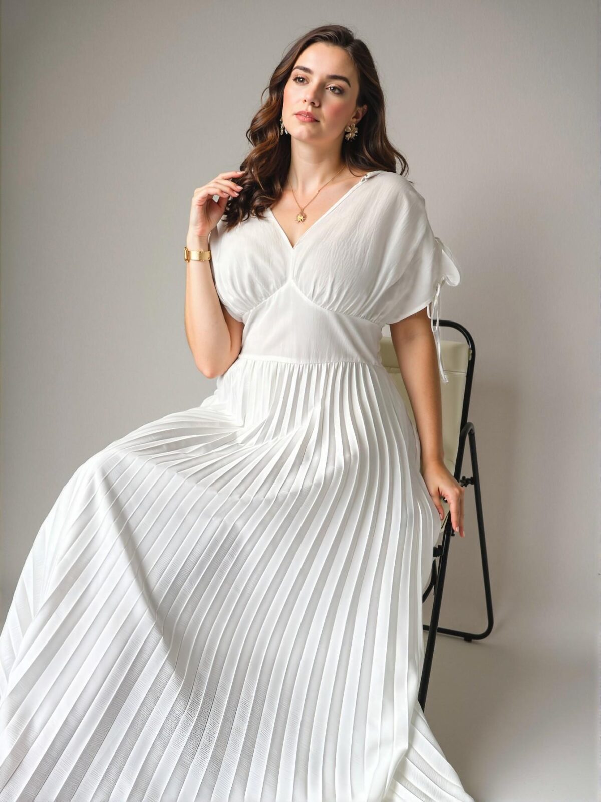 Elegant White Long-Length Plus Size Women’s V-Neck Dress with Drawstring and Ruching; Sophisticated Open Back Slip-Resistant Strap Maxi Gown for Special Occasions in Spring and Summer - Chic, Classy and Trendy Fashion Style to Dress to Impress
