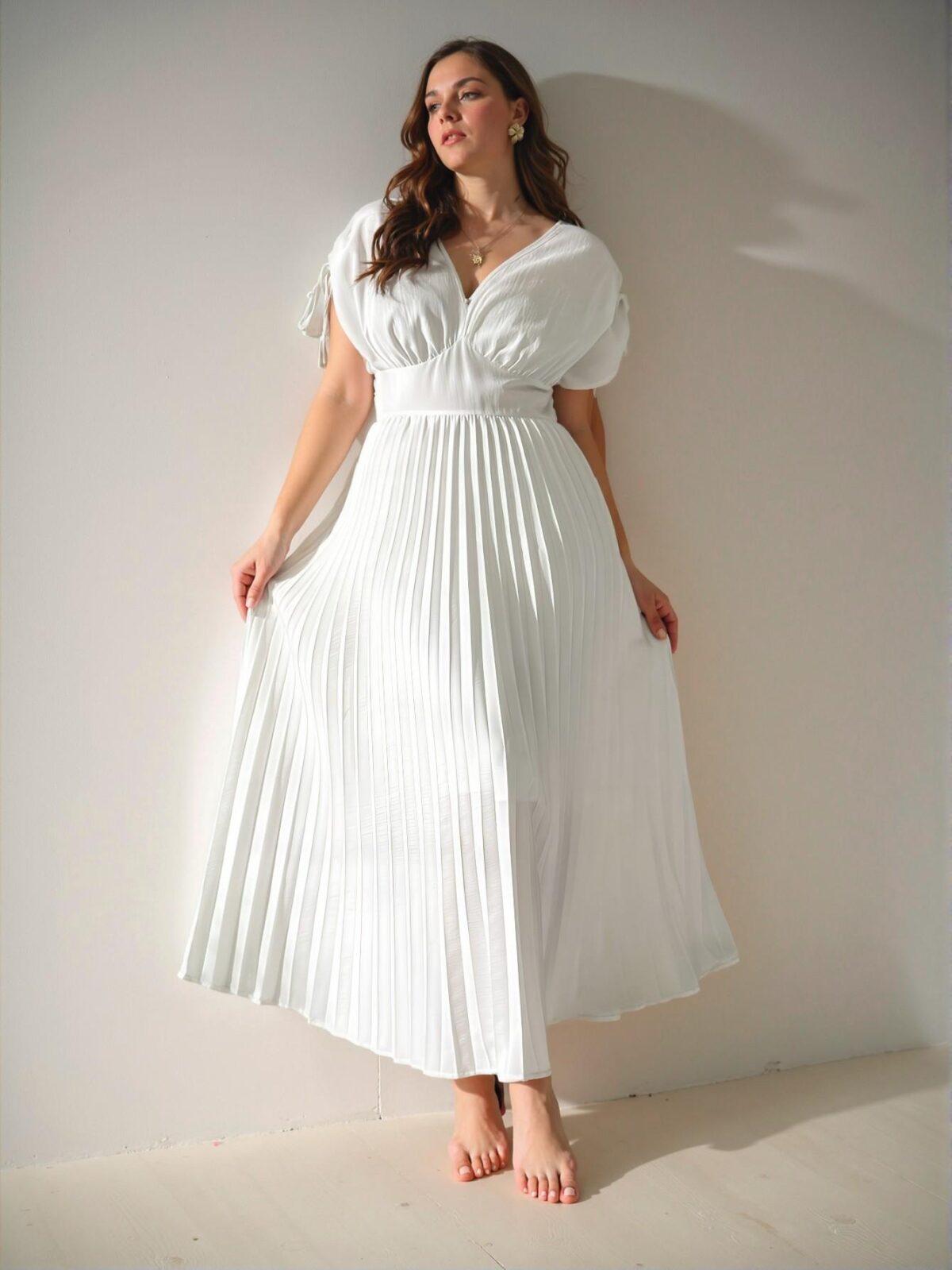 Elegant White Long-Length Plus Size Women’s V-Neck Dress with Drawstring and Ruching; Sophisticated Open Back Slip-Resistant Strap Maxi Gown for Special Occasions in Spring and Summer - Chic, Classy and Trendy Fashion Style to Dress to Impress - Image 2