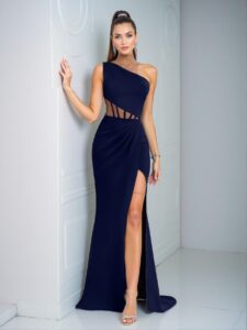 Elegant Navy Blue Asymmetrical Neck One Shoulder Front Slit Dress for Formal Evening Events, Prom, Weddings, and Graduation Gatherings. Perfect for party, prom, graduation day, and ceremony for university, college, and high school, Formal Evening Dinner Cocktail, Wedding Guest Gown, Chic, Classy and Trendy Fashion Style to Dress to Impress.