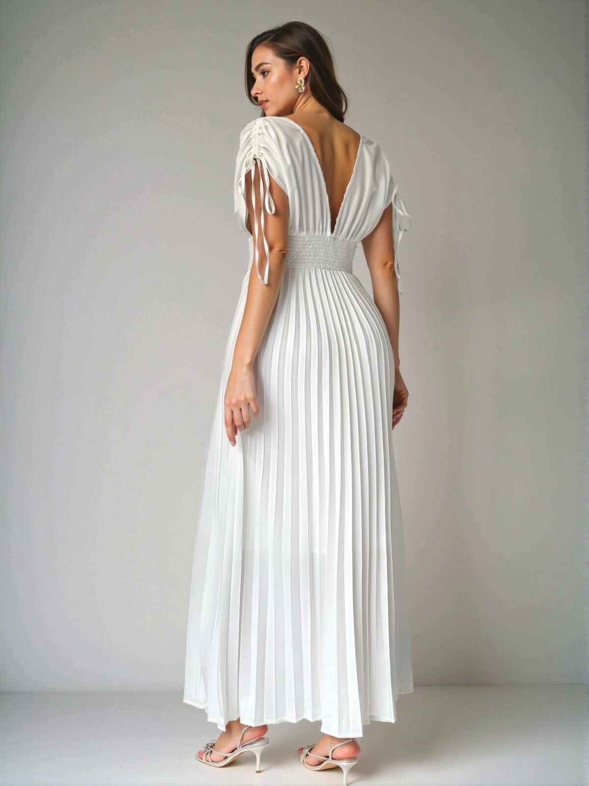 Elegant White Long-Length Plus Size Women’s V-Neck Dress with Drawstring and Ruching; Sophisticated Open Back Slip-Resistant Strap Maxi Gown for Special Occasions in Spring and Summer - Chic, Classy and Trendy Fashion Style to Dress to Impress - Image 3