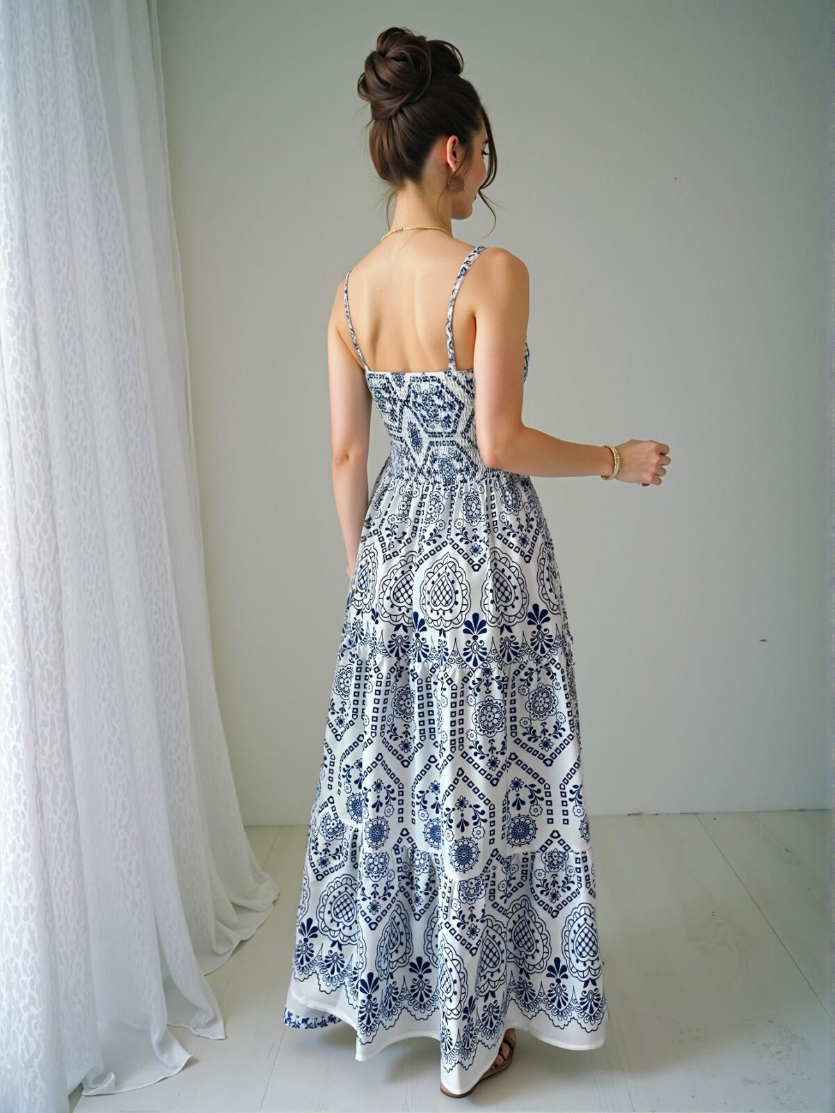Elegant Blue Floral Ruffled High Waist Flare Dress for Spring and Summer - Chic, Classy and Trendy Fashion Style to Dress to Impress - Image 2