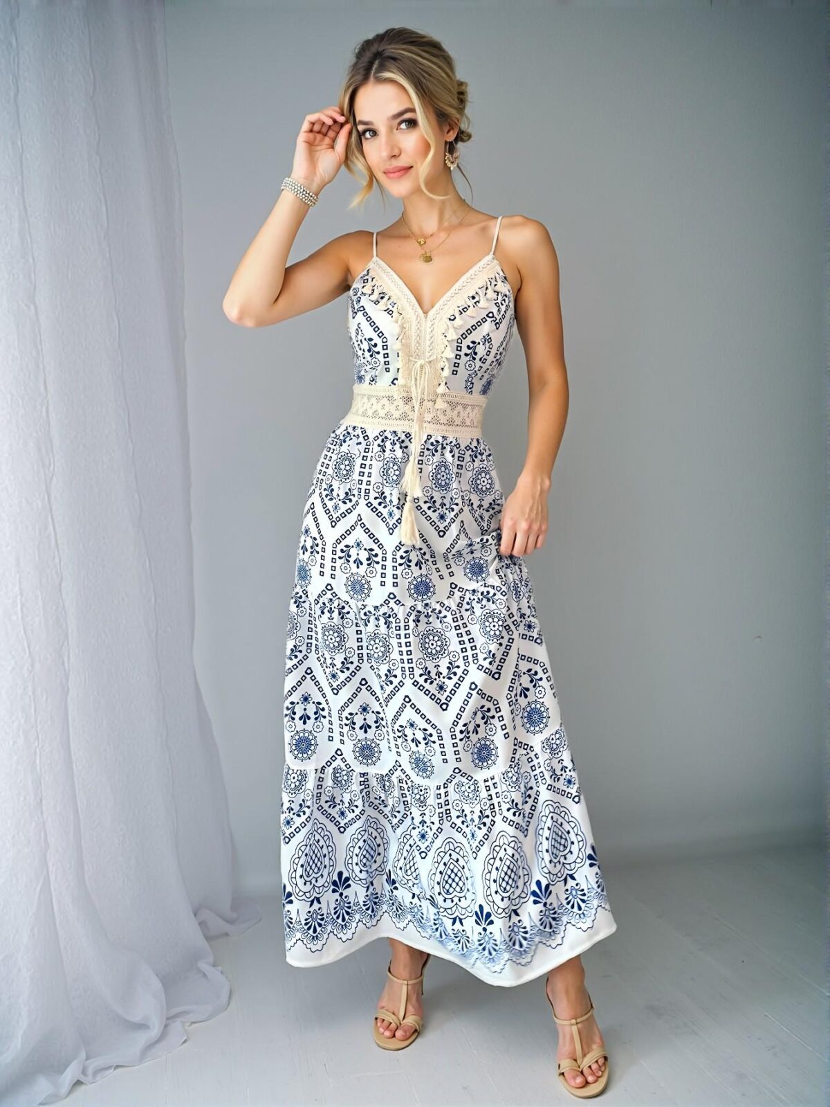 Elegant Blue Floral Ruffled High Waist Flare Dress for Spring and Summer - Chic, Classy and Trendy Fashion Style to Dress to Impress - Image 3