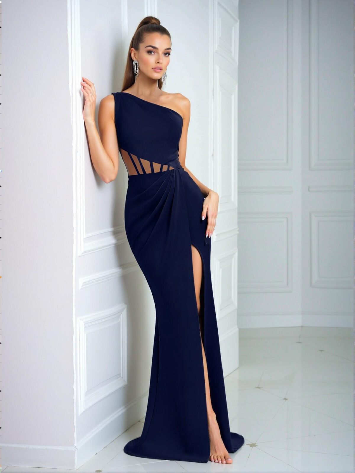 Elegant Navy Blue Asymmetrical Neck One Shoulder Front Slit Dress for Formal Evening Events, Prom, Weddings, and Graduation Gatherings. Perfect for party, prom, graduation day, and ceremony for university, college, and high school, Formal Evening Dinner Cocktail, Wedding Guest Gown, Chic, Classy and Trendy Fashion Style to Dress to Impress. - Image 4