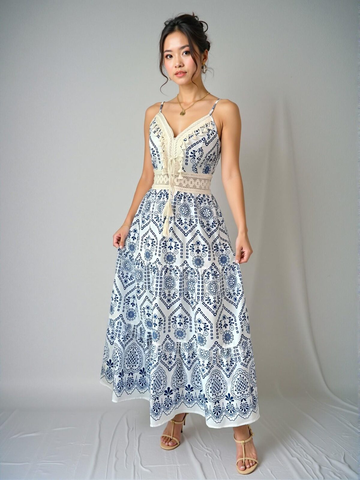 Elegant Blue Floral Ruffled High Waist Flare Dress for Spring and Summer - Chic, Classy and Trendy Fashion Style to Dress to Impress - Image 4