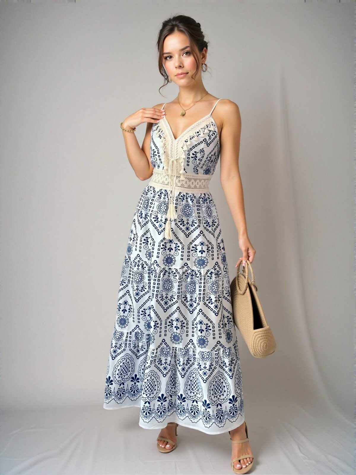 Elegant Blue Floral Ruffled High Waist Flare Dress for Spring and Summer - Chic, Classy and Trendy Fashion Style to Dress to Impress - Image 5