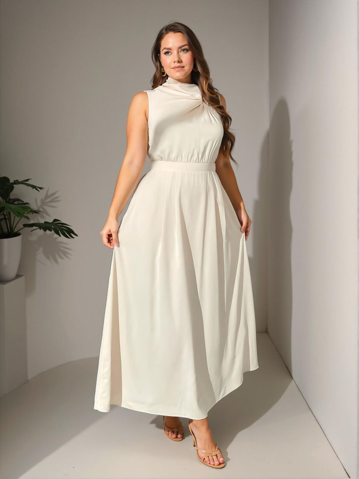 Elegant Apricot Flared A-Line Turtleneck Sleeveless Maxi Dress for Career, Resort, and Magical Moments - Chic, Classy and Trendy Fashion Style to Dress to Impress - Image 2