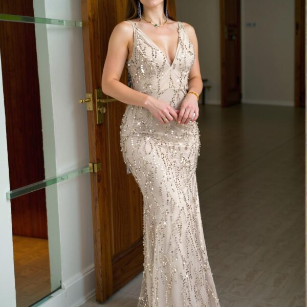 Elegant Apricot Premium Backless High Waist Sequin Maxi Dress with Side Split and Tassel Details, Perfect for Formal Events, Date Nights, and Special Occasions. Perfect for party, prom, graduation day, and ceremony for university, college, and high school, Formal Evening Dinner Cocktail, Wedding Guest Gown, Chic, Classy and Trendy Fashion Style to Dress to Impress.