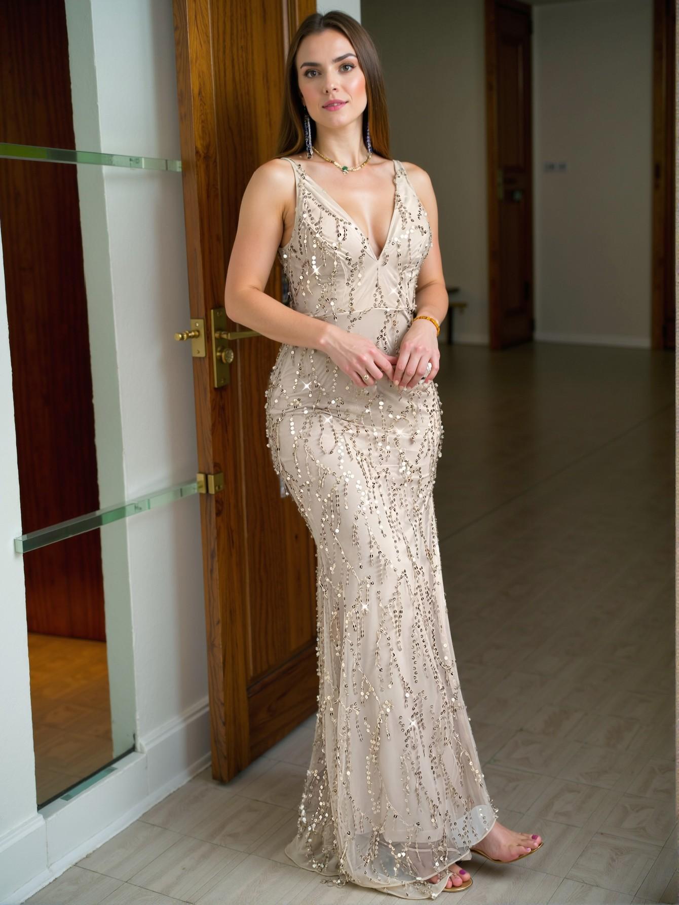 Elegant Apricot Premium Backless High Waist Sequin Maxi Dress with Side Split and Tassel Details, Perfect for Formal Events, Date Nights, and Special Occasions. Perfect for party, prom, graduation day, and ceremony for university, college, and high school, Formal Evening Dinner Cocktail, Wedding Guest Gown, Chic, Classy and Trendy Fashion Style to Dress to Impress.