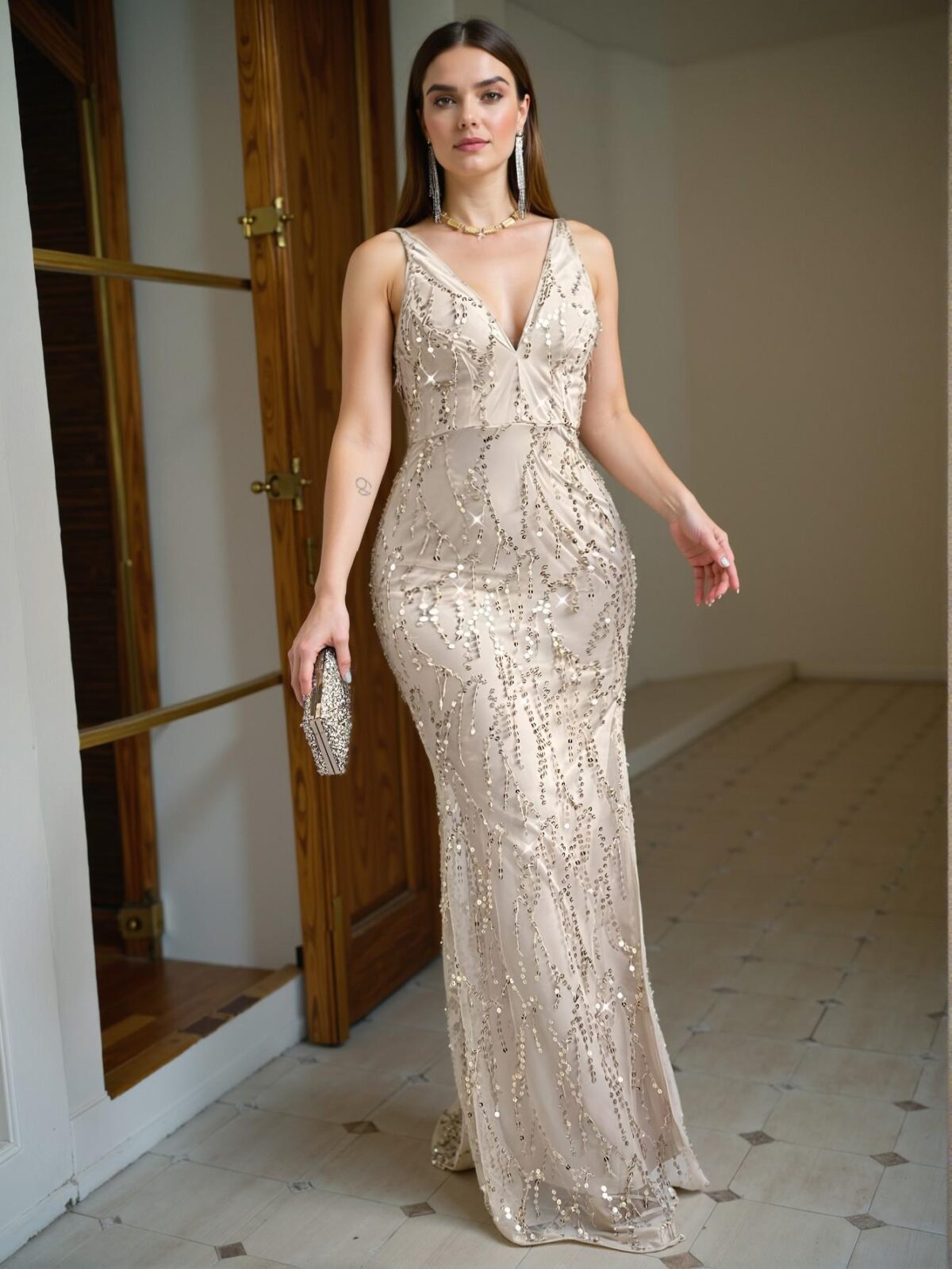 Elegant Apricot Premium Backless High Waist Sequin Maxi Dress with Side Split and Tassel Details, Perfect for Formal Events, Date Nights, and Special Occasions. Perfect for party, prom, graduation day, and ceremony for university, college, and high school, Formal Evening Dinner Cocktail, Wedding Guest Gown, Chic, Classy and Trendy Fashion Style to Dress to Impress. - Image 2
