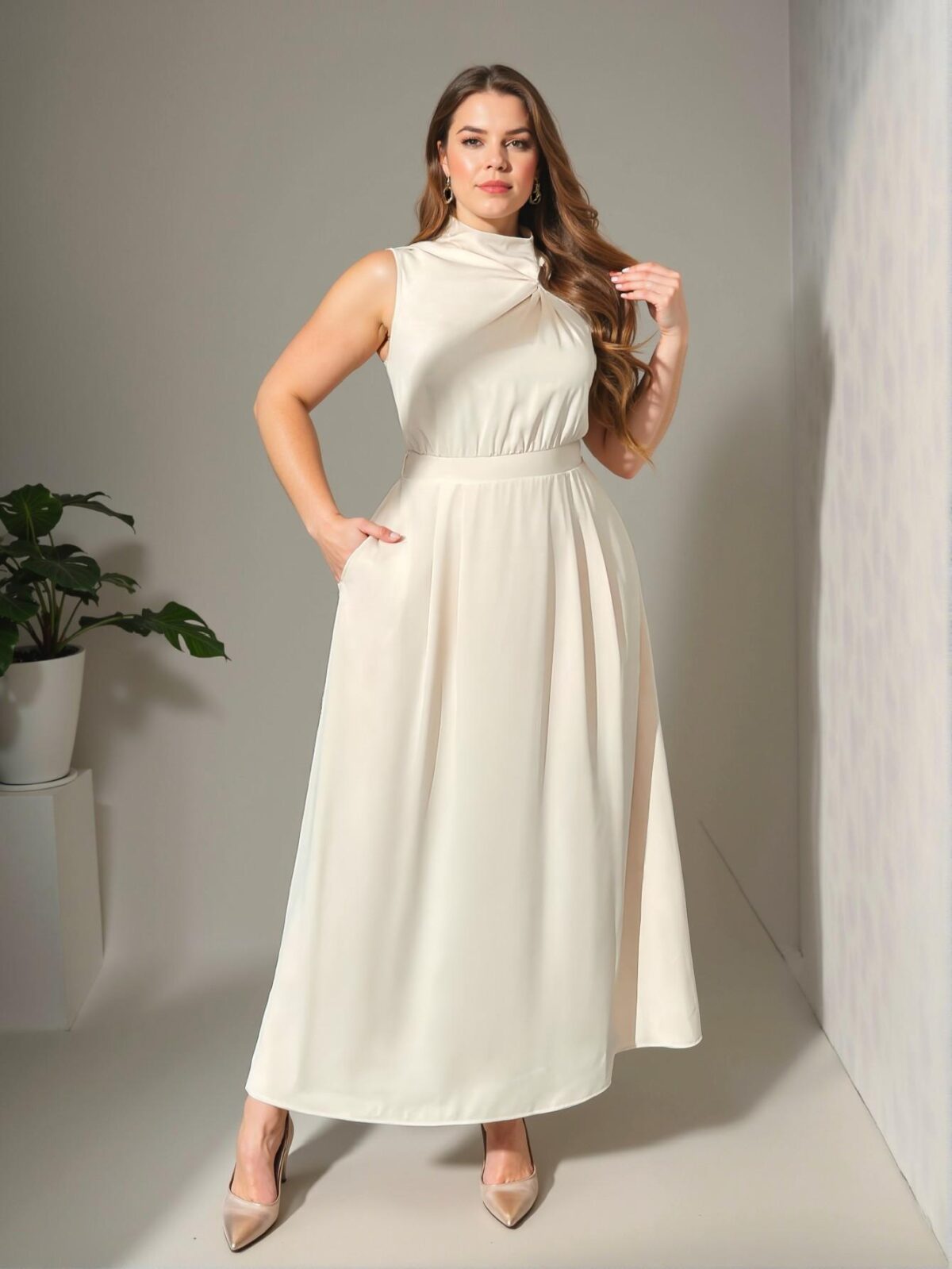 Elegant Apricot Flared A-Line Turtleneck Sleeveless Maxi Dress for Career, Resort, and Magical Moments - Chic, Classy and Trendy Fashion Style to Dress to Impress - Image 4
