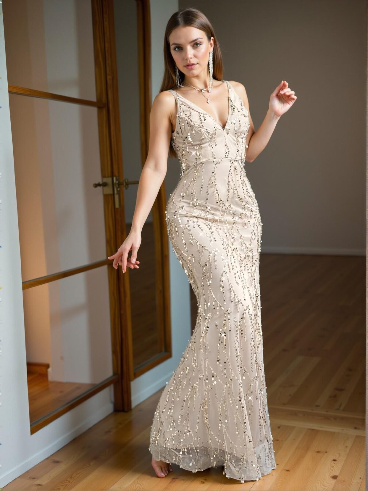 Elegant Apricot Premium Backless High Waist Sequin Maxi Dress with Side Split and Tassel Details, Perfect for Formal Events, Date Nights, and Special Occasions. Perfect for party, prom, graduation day, and ceremony for university, college, and high school, Formal Evening Dinner Cocktail, Wedding Guest Gown, Chic, Classy and Trendy Fashion Style to Dress to Impress. - Image 4