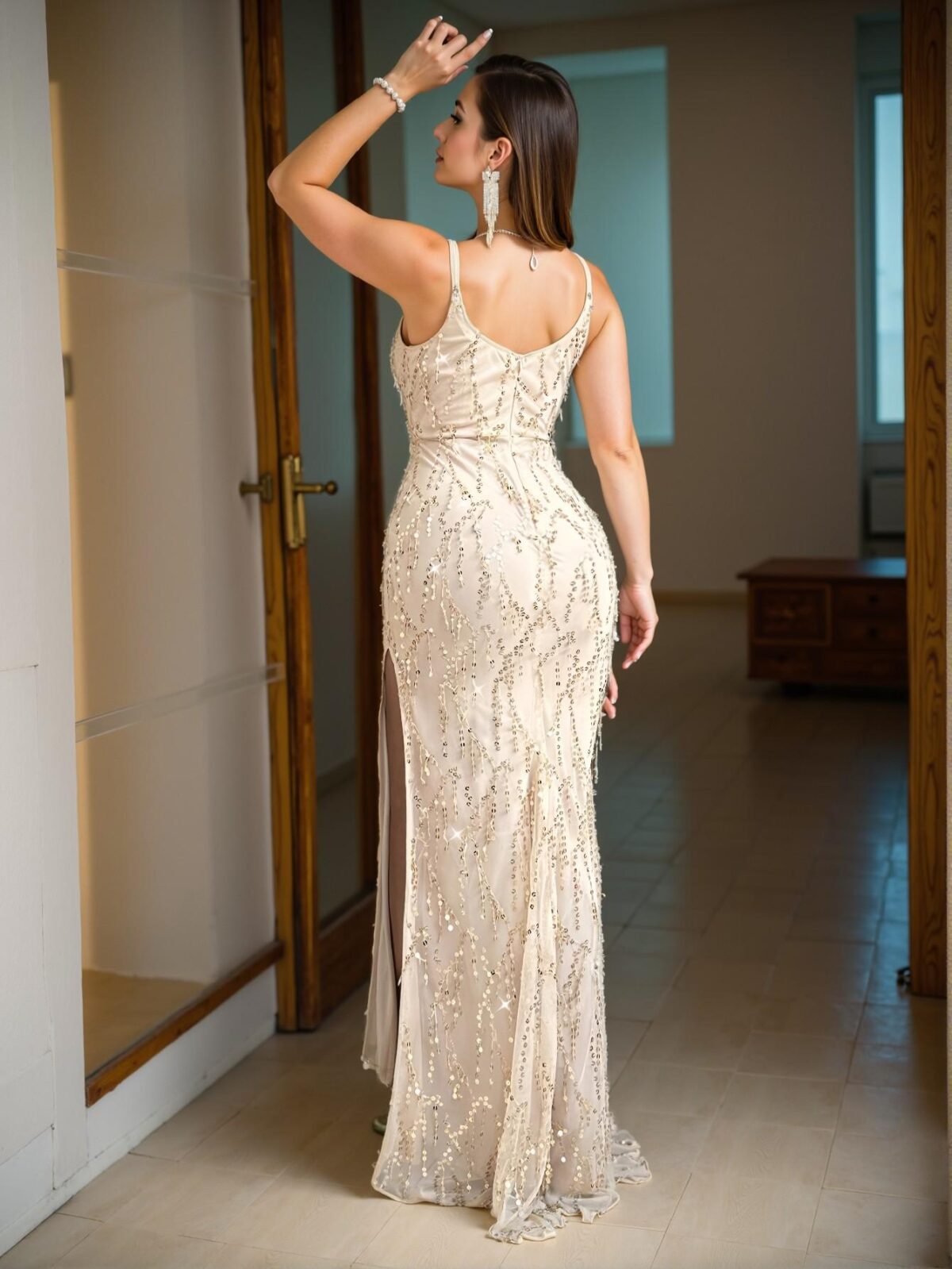 Elegant Apricot Premium Backless High Waist Sequin Maxi Dress with Side Split and Tassel Details, Perfect for Formal Events, Date Nights, and Special Occasions. Perfect for party, prom, graduation day, and ceremony for university, college, and high school, Formal Evening Dinner Cocktail, Wedding Guest Gown, Chic, Classy and Trendy Fashion Style to Dress to Impress. - Image 5