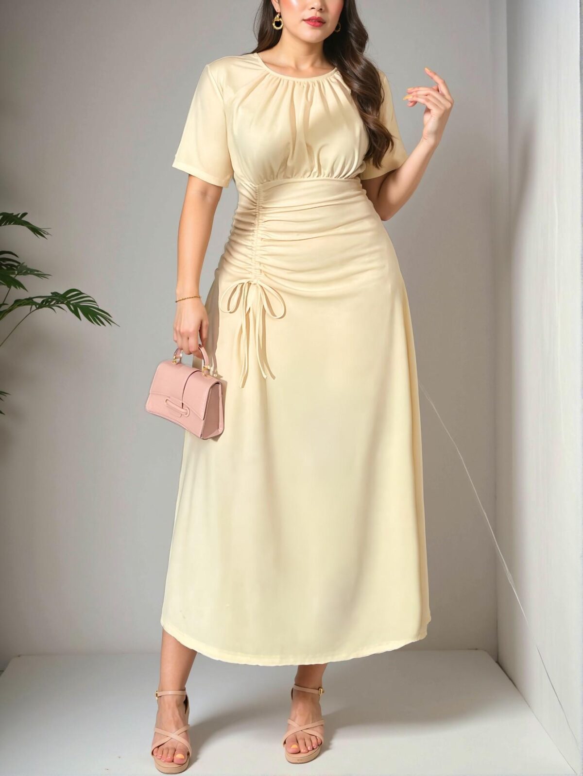 Elegant Apricot Chic Plus Size Women's Summer Maxi Dress with Drawstring Waist and Ruched Detail for Business Casual and Everyday Wear – Chic, Classy and Trendy Fashion Style to Dress to Impress